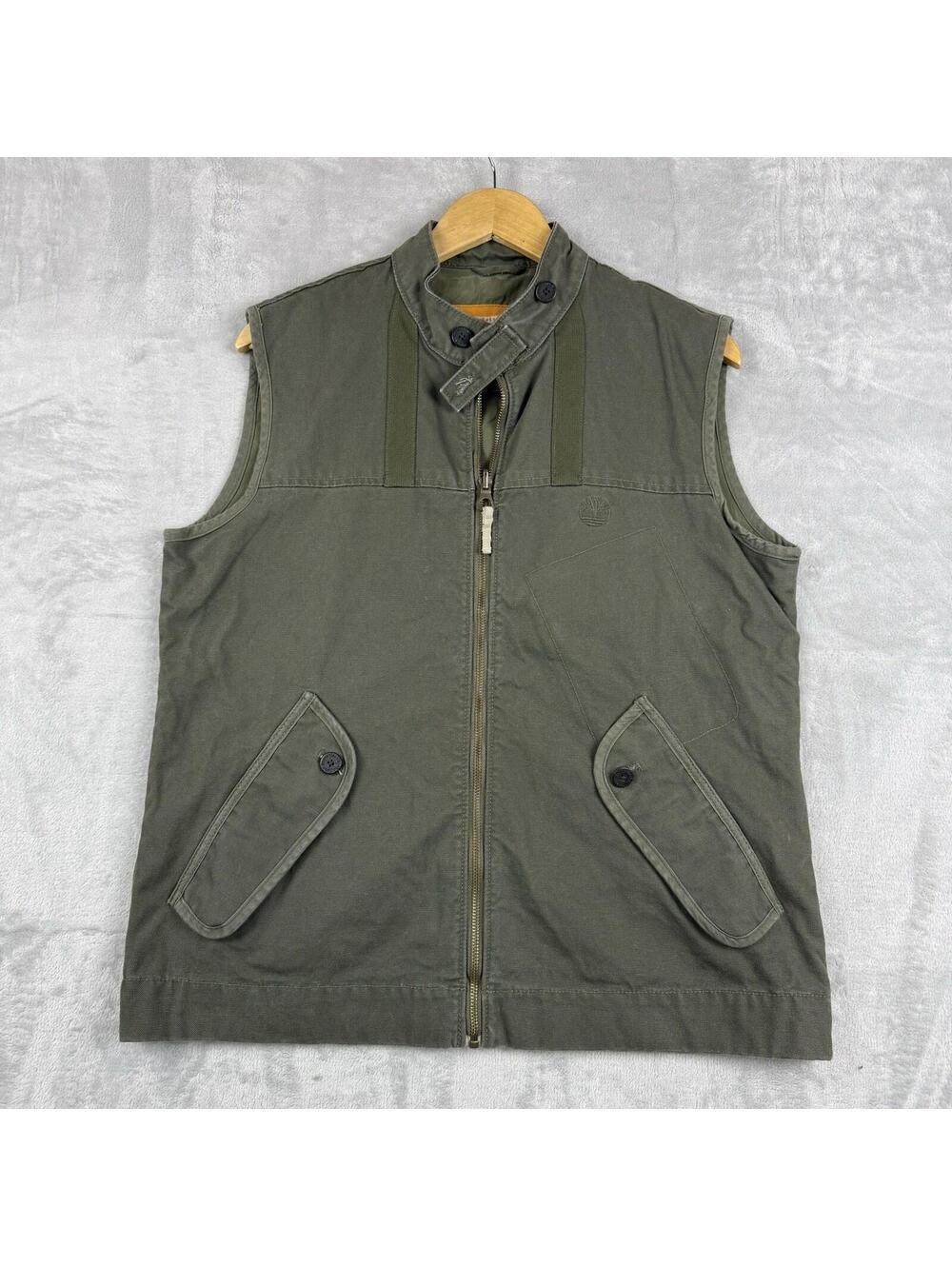Y2K Timberland Utility Vest Men M Green Full Zip Canvas Workwear Outdoor Fishing
